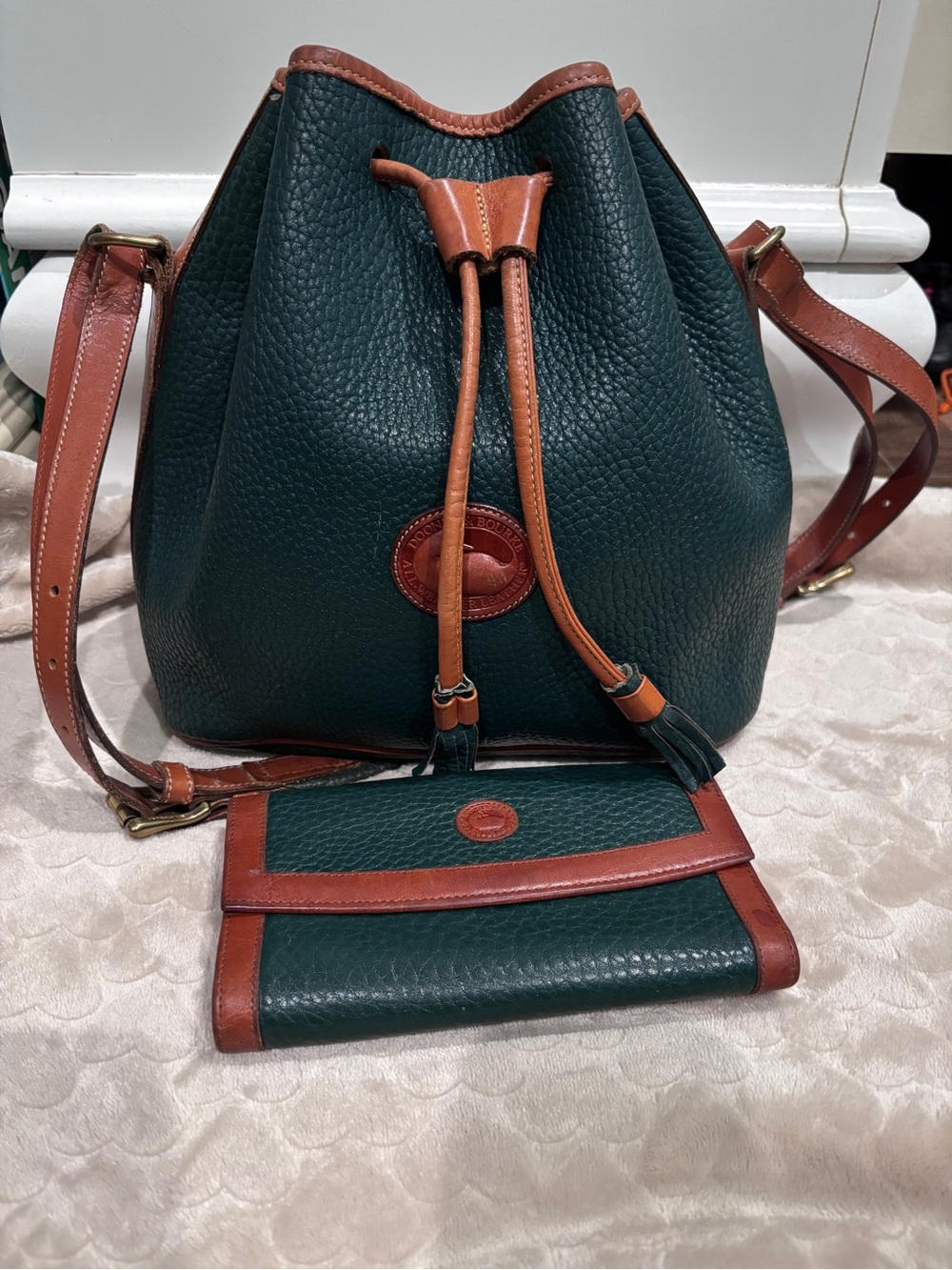 Dooney & Bourke Green Pebbled Leather Drawstring Bucket Bag with Brown Trim